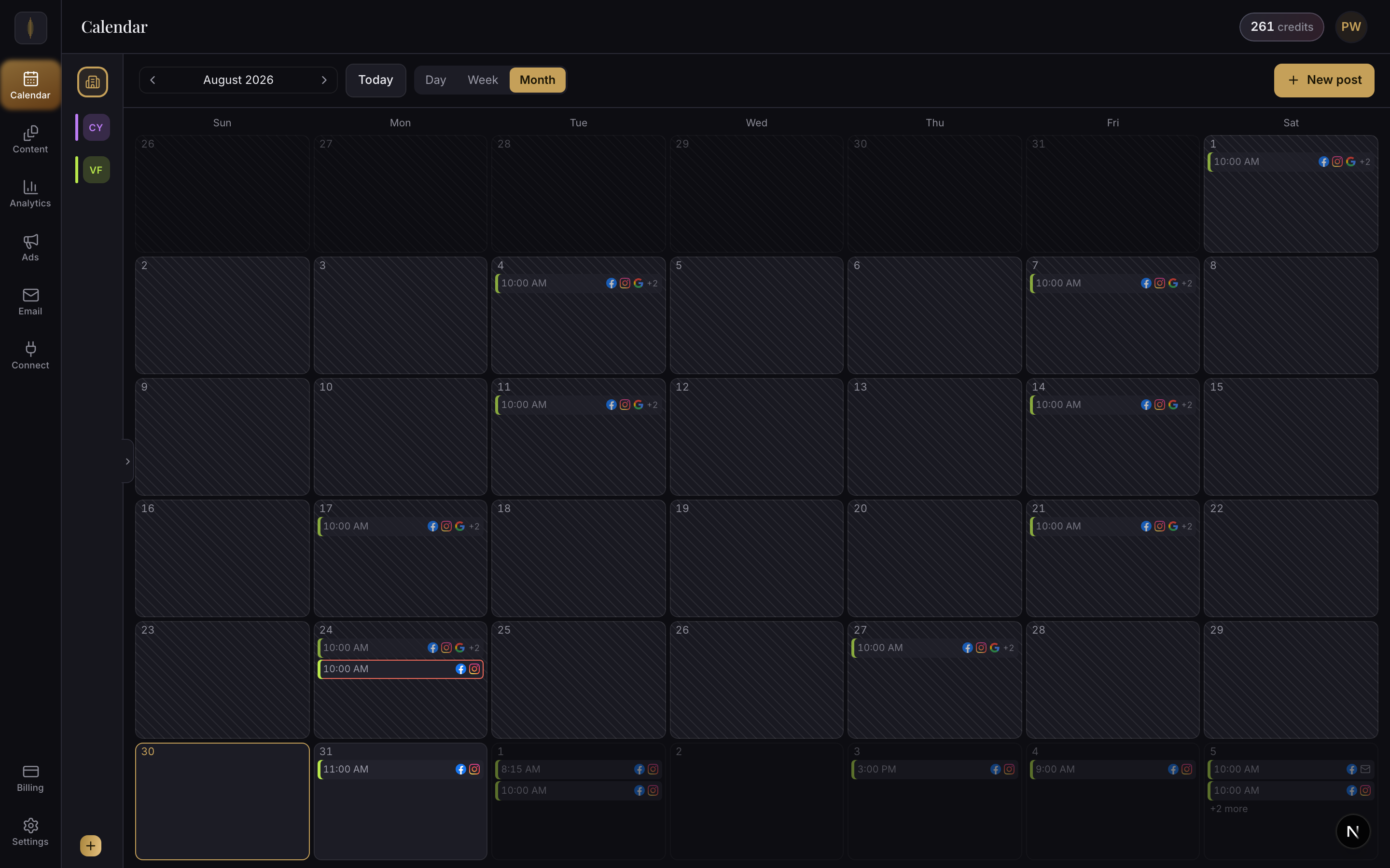 The product's month calendar, with each day's scheduled posts and their platforms